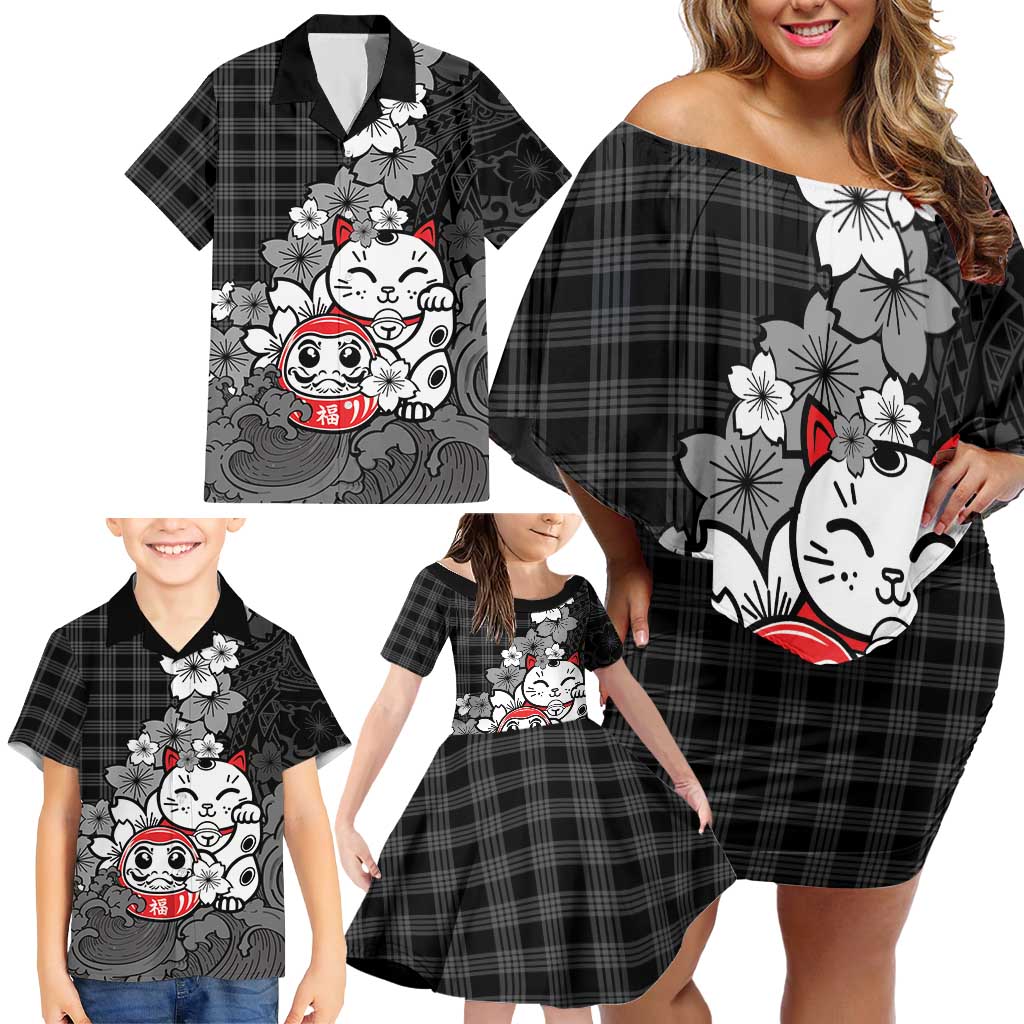 Black Palaka Hawaiian And Japanese Family Matching Off Shoulder Short Dress and Hawaiian Shirt Maneki Neko And Sakura Bloom DT05 - Polynesian Pride