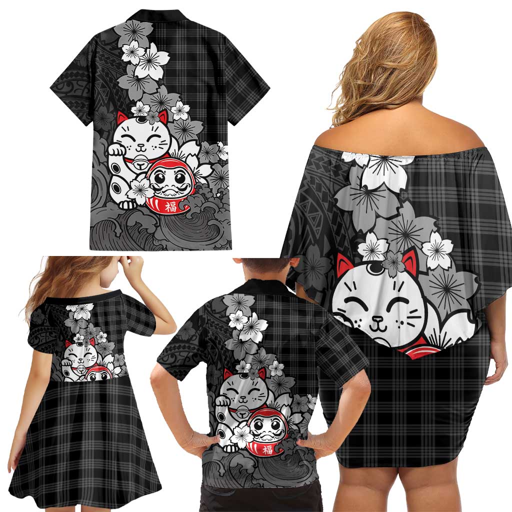Black Palaka Hawaiian And Japanese Family Matching Off Shoulder Short Dress and Hawaiian Shirt Maneki Neko And Sakura Bloom DT05 - Polynesian Pride