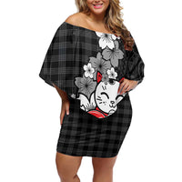 Black Palaka Hawaiian And Japanese Family Matching Off Shoulder Short Dress and Hawaiian Shirt Maneki Neko And Sakura Bloom DT05 Mom's Dress Black - Polynesian Pride