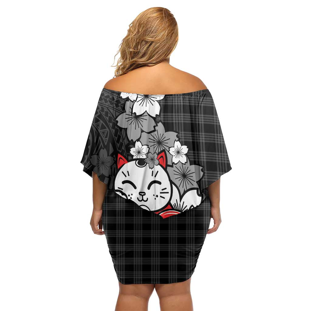 Black Palaka Hawaiian And Japanese Family Matching Off Shoulder Short Dress and Hawaiian Shirt Maneki Neko And Sakura Bloom DT05 - Polynesian Pride