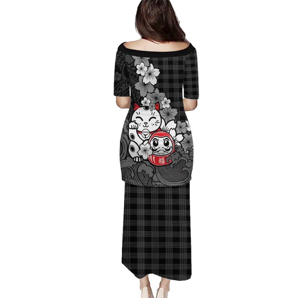 Black Palaka Hawaiian And Japanese Family Matching Puletasi and Hawaiian Shirt Maneki Neko And Sakura Bloom DT05 - Polynesian Pride