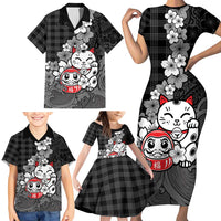 Black Palaka Hawaiian And Japanese Family Matching Short Sleeve Bodycon Dress and Hawaiian Shirt Maneki Neko And Sakura Bloom DT05 - Polynesian Pride