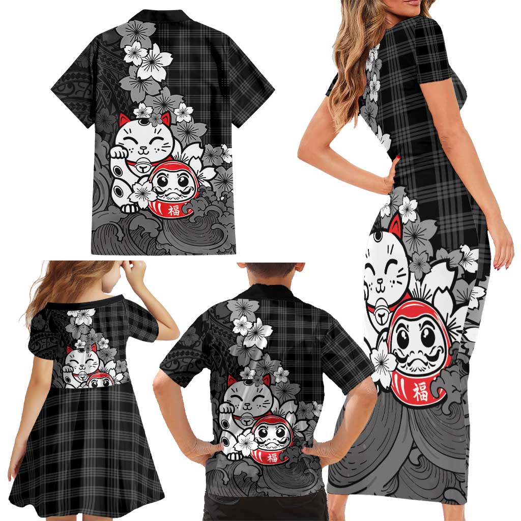 Black Palaka Hawaiian And Japanese Family Matching Short Sleeve Bodycon Dress and Hawaiian Shirt Maneki Neko And Sakura Bloom DT05 - Polynesian Pride