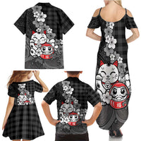 Black Palaka Hawaiian And Japanese Family Matching Summer Maxi Dress and Hawaiian Shirt Maneki Neko And Sakura Bloom DT05 - Polynesian Pride