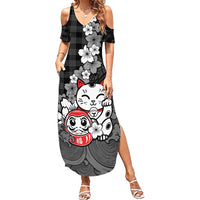 Black Palaka Hawaiian And Japanese Family Matching Summer Maxi Dress and Hawaiian Shirt Maneki Neko And Sakura Bloom DT05 Mom's Dress Black - Polynesian Pride