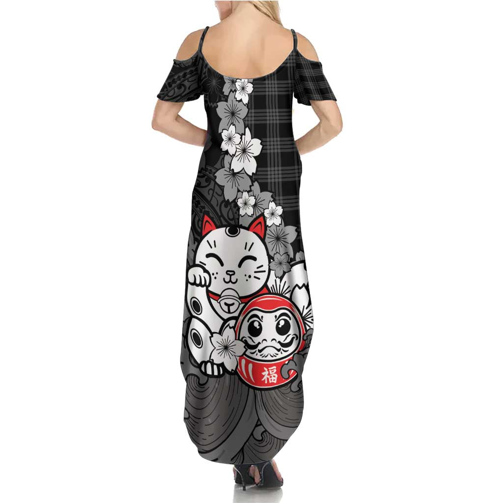 Black Palaka Hawaiian And Japanese Family Matching Summer Maxi Dress and Hawaiian Shirt Maneki Neko And Sakura Bloom DT05 - Polynesian Pride