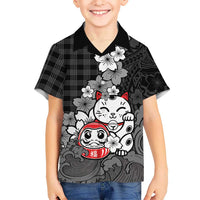 Black Palaka Hawaiian And Japanese Family Matching Summer Maxi Dress and Hawaiian Shirt Maneki Neko And Sakura Bloom DT05 Son's Shirt Black - Polynesian Pride