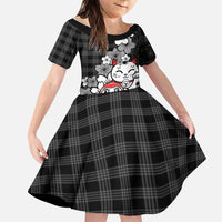 Black Palaka Hawaiian And Japanese Family Matching Tank Maxi Dress and Hawaiian Shirt Maneki Neko And Sakura Bloom DT05 Daughter's Dress Black - Polynesian Pride