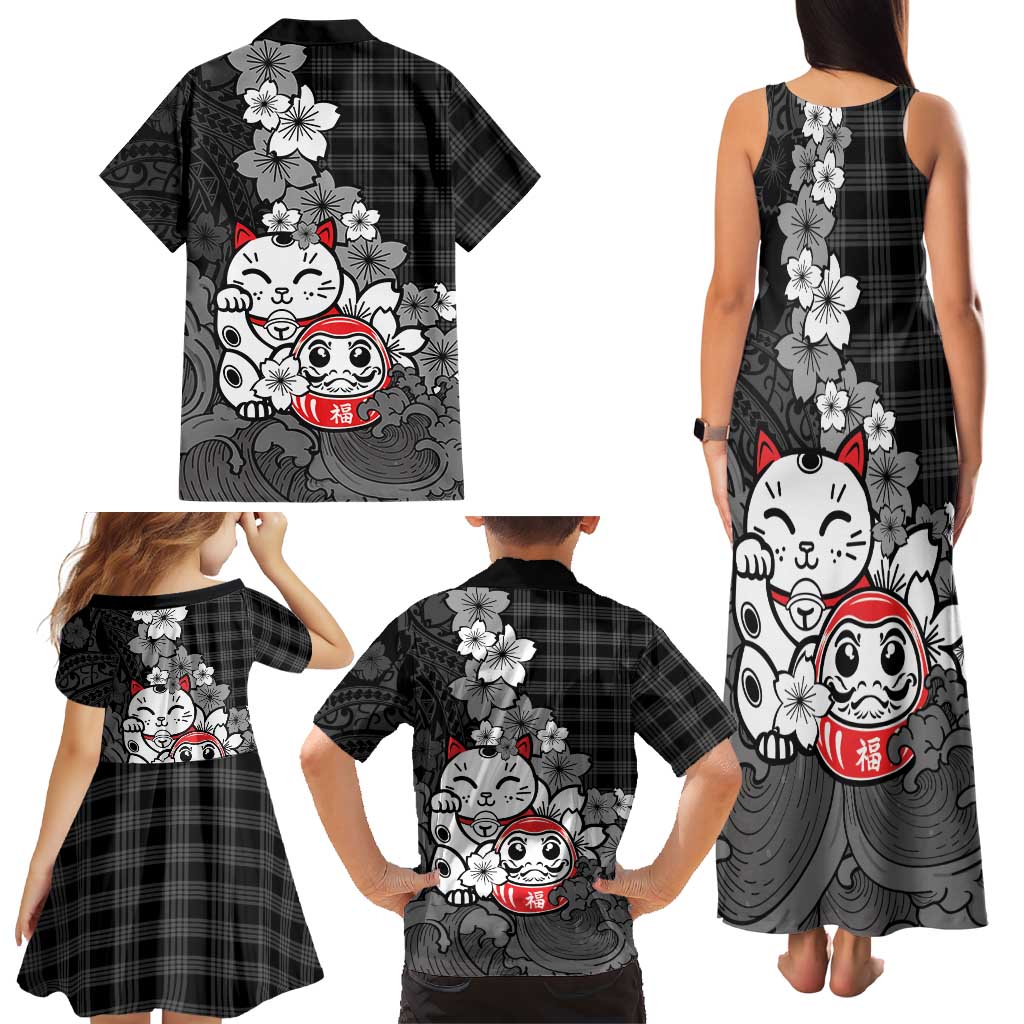 Black Palaka Hawaiian And Japanese Family Matching Tank Maxi Dress and Hawaiian Shirt Maneki Neko And Sakura Bloom DT05 - Polynesian Pride