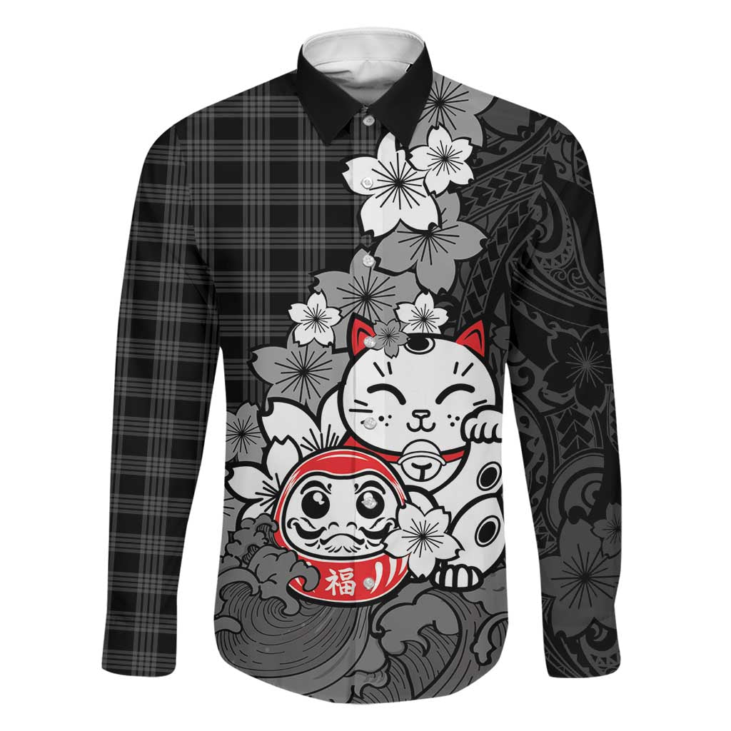 Black Palaka Hawaiian And Japanese Family Matching Tank Maxi Dress and Hawaiian Shirt Maneki Neko And Sakura Bloom DT05 Dad's Shirt - Long Sleeve Black - Polynesian Pride
