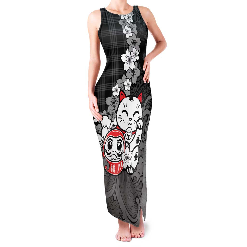 Black Palaka Hawaiian And Japanese Family Matching Tank Maxi Dress and Hawaiian Shirt Maneki Neko And Sakura Bloom DT05 Mom's Dress Black - Polynesian Pride