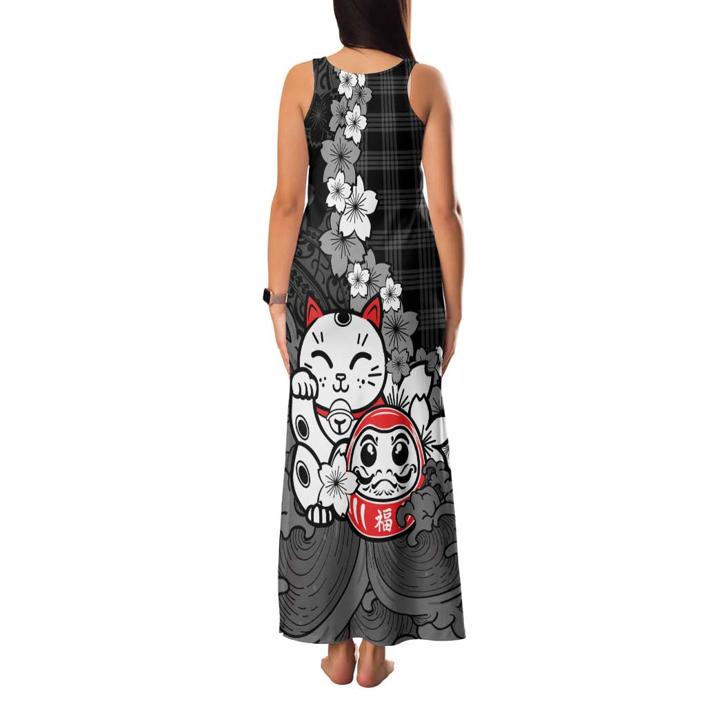 Black Palaka Hawaiian And Japanese Family Matching Tank Maxi Dress and Hawaiian Shirt Maneki Neko And Sakura Bloom DT05 - Polynesian Pride