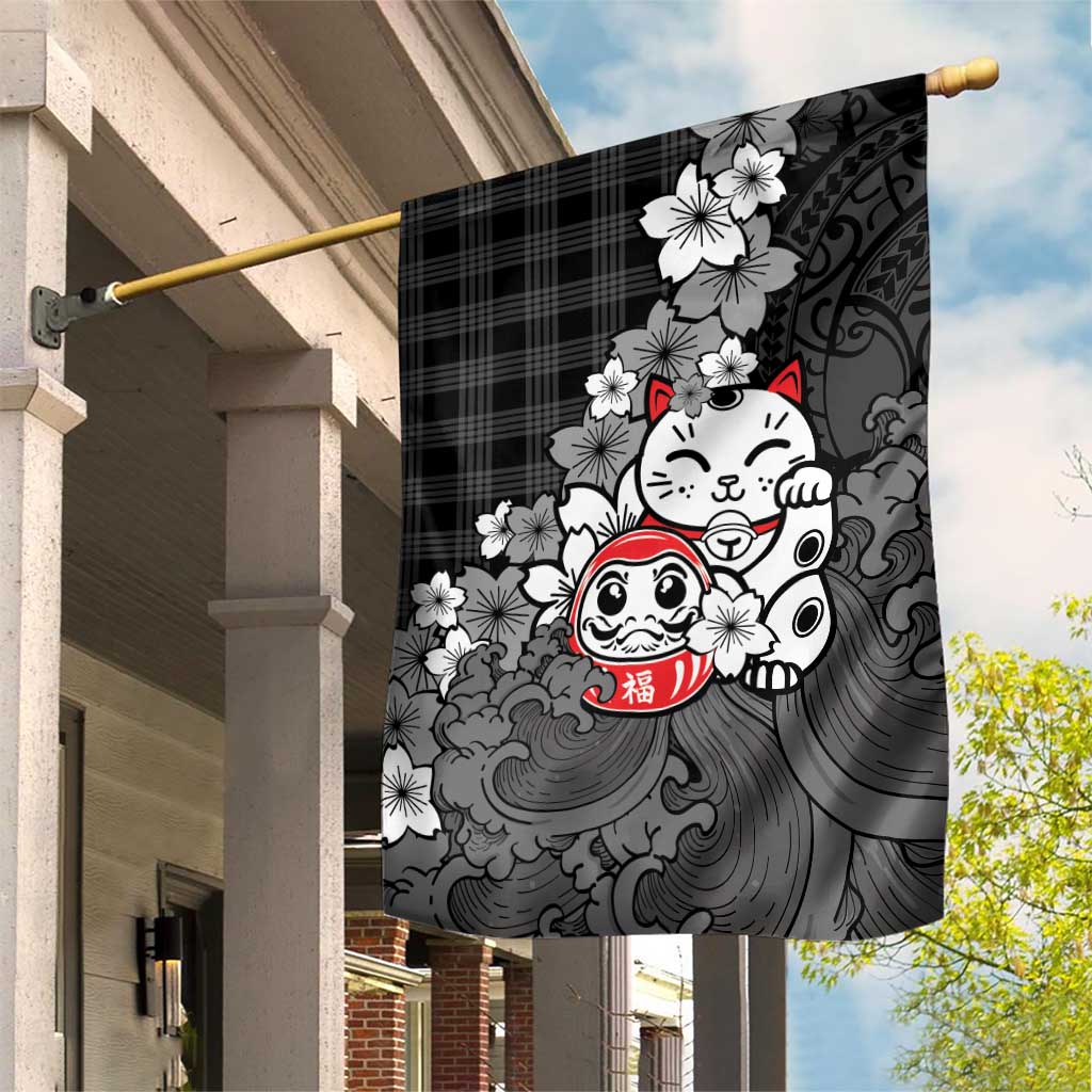 Black Palaka Hawaiian And Japanese Garden Flag Maneki Neko And Sakura Bloom