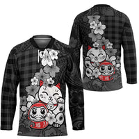 Black Palaka Hawaiian And Japanese Hockey Jersey Maneki Neko And Sakura Bloom
