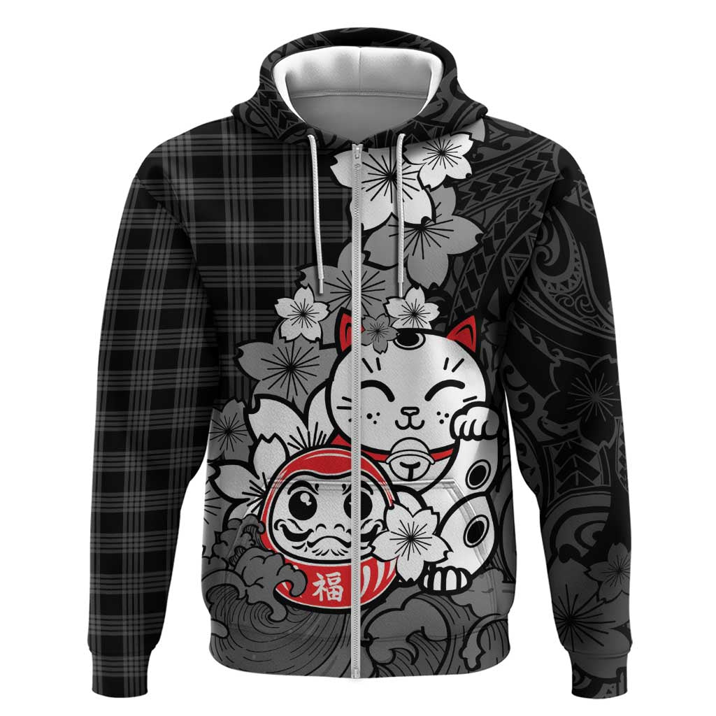 Black Palaka Hawaiian And Japanese Hoodie Maneki Neko And Sakura Bloom