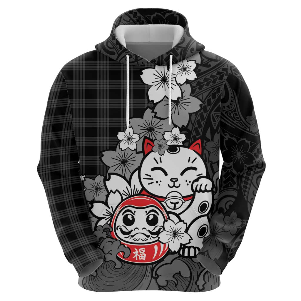 Black Palaka Hawaiian And Japanese Hoodie Maneki Neko And Sakura Bloom
