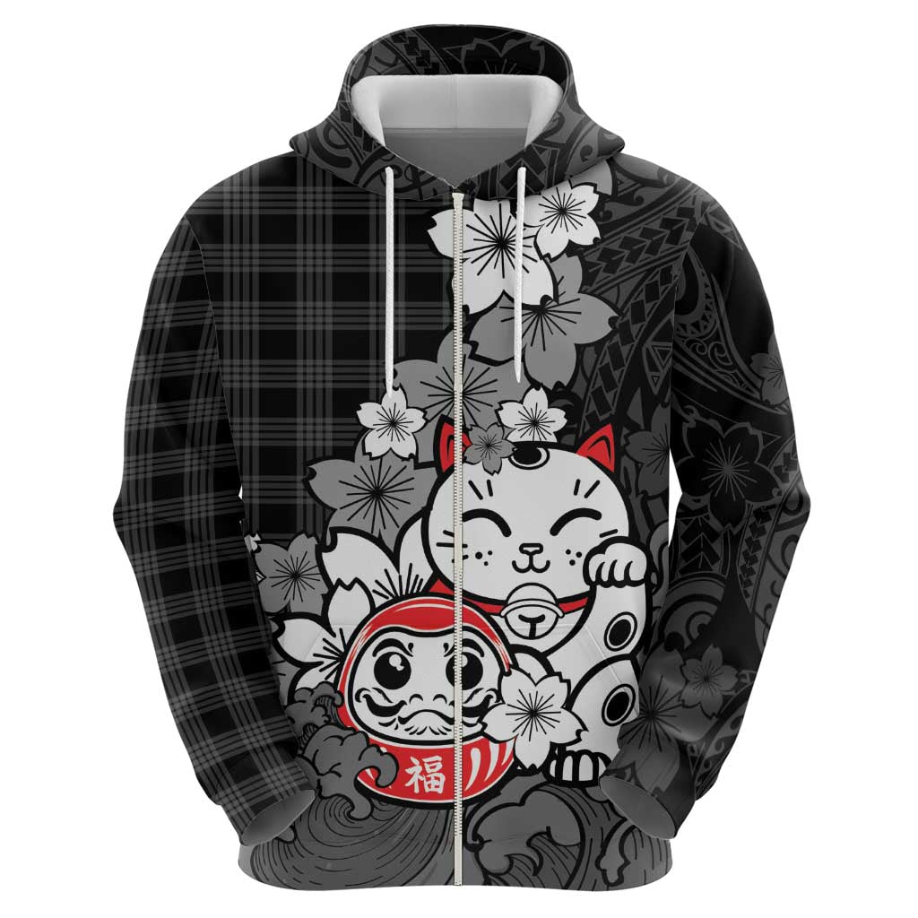 Black Palaka Hawaiian And Japanese Hoodie Maneki Neko And Sakura Bloom