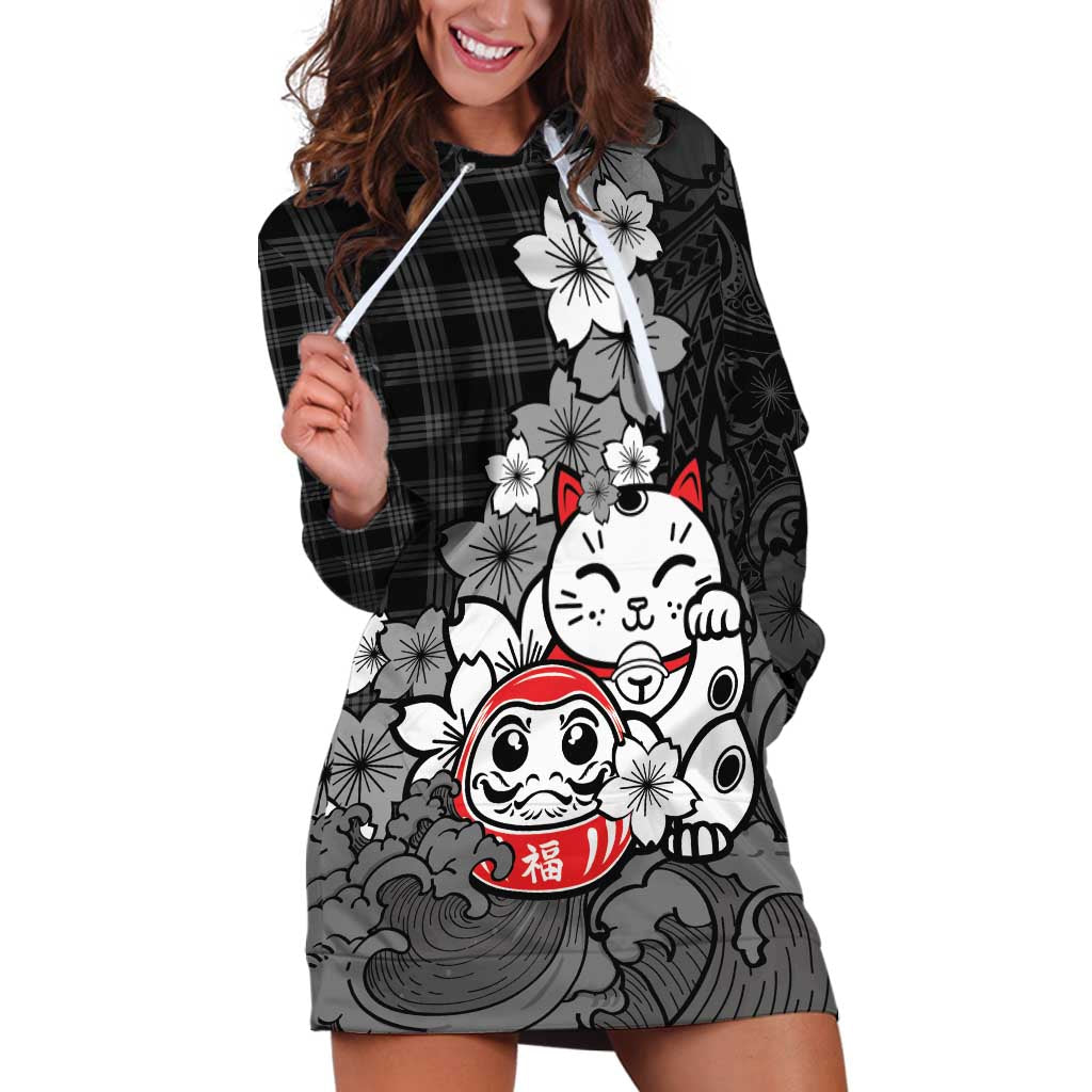 Black Palaka Hawaiian And Japanese Hoodie Dress Maneki Neko And Sakura Bloom