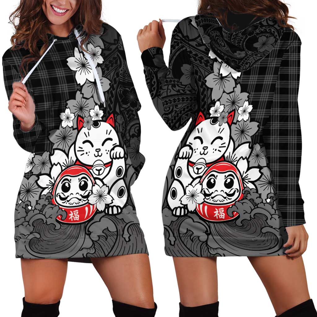 Black Palaka Hawaiian And Japanese Hoodie Dress Maneki Neko And Sakura Bloom