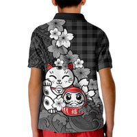 Black Palaka Hawaiian And Japanese Kid Polo Shirt Maneki Neko And Sakura Bloom
