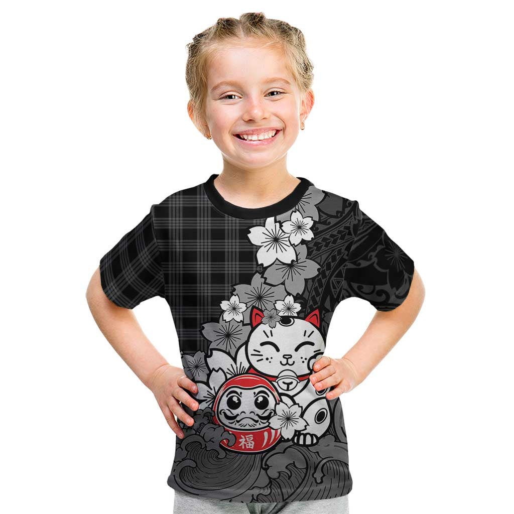 Black Palaka Hawaiian And Japanese Kid T Shirt Maneki Neko And Sakura Bloom