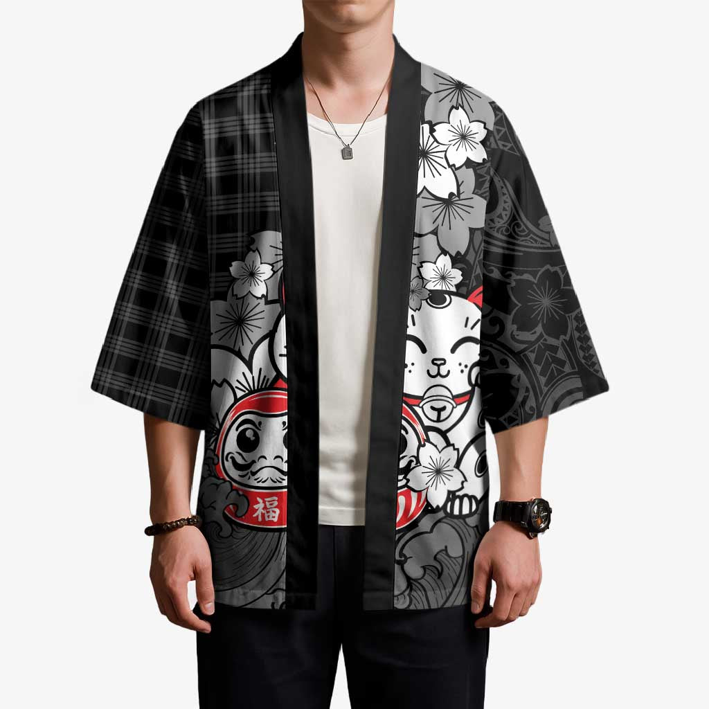 Black Palaka Hawaiian And Japanese Kimono Maneki Neko And Sakura Bloom