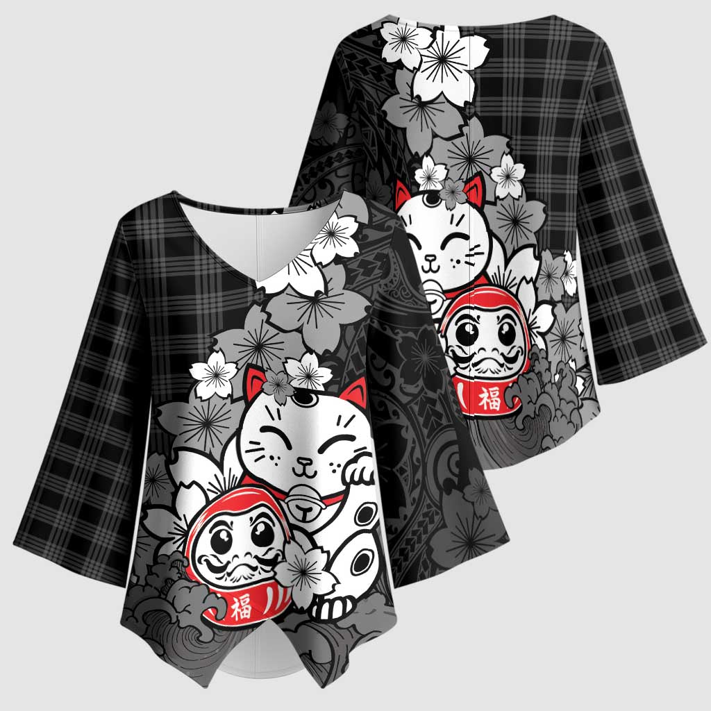 Black Palaka Hawaiian And Japanese Kimono Sleeve Blouse Maneki Neko And Sakura Bloom