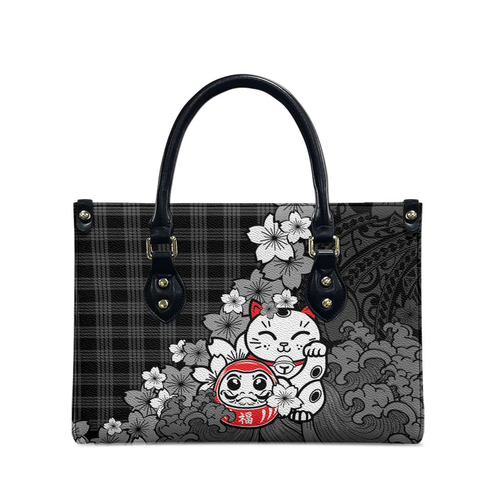 Black Palaka Hawaiian And Japanese Leather Bag Maneki Neko And Sakura Bloom