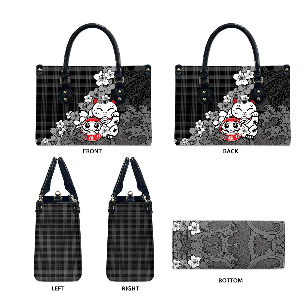 Black Palaka Hawaiian And Japanese Leather Bag Maneki Neko And Sakura Bloom