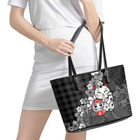 Black Palaka Hawaiian And Japanese Leather Tote Bag Maneki Neko And Sakura Bloom