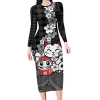 Black Palaka Hawaiian And Japanese Long Sleeve Bodycon Dress Maneki Neko And Sakura Bloom