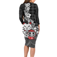 Black Palaka Hawaiian And Japanese Long Sleeve Bodycon Dress Maneki Neko And Sakura Bloom