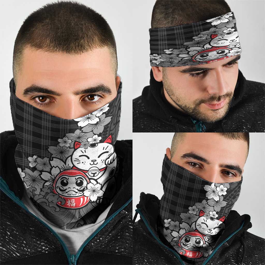 Black Palaka Hawaiian And Japanese Neck Gaiter Maneki Neko And Sakura Bloom