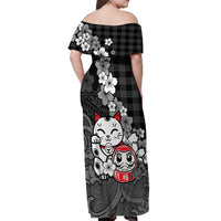 Black Palaka Hawaiian And Japanese Off Shoulder Maxi Dress Maneki Neko And Sakura Bloom