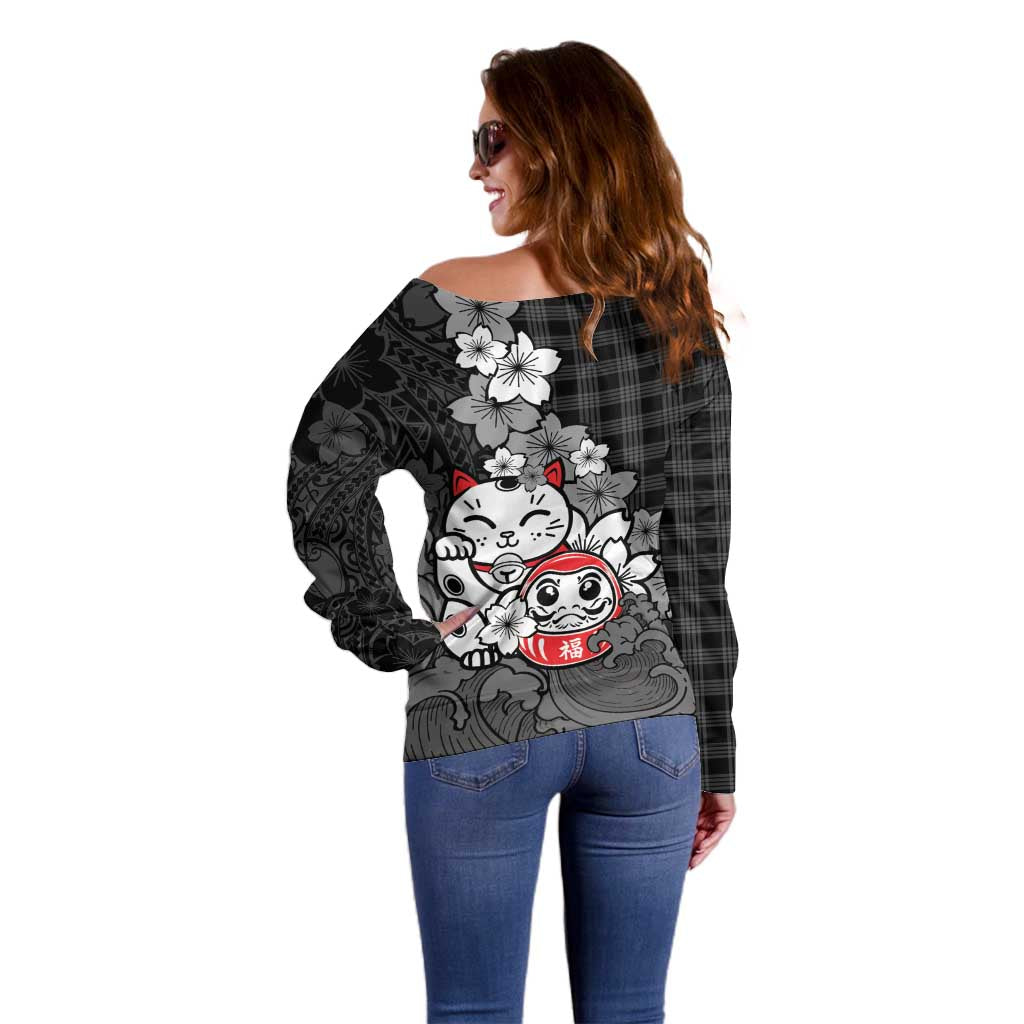 Black Palaka Hawaiian And Japanese Off Shoulder Sweater Maneki Neko And Sakura Bloom