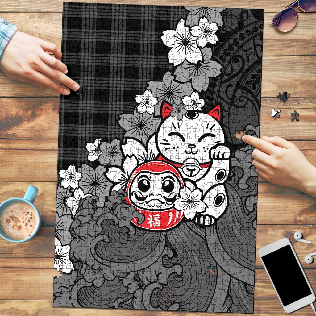 Black Palaka Hawaiian And Japanese Puzzle Maneki Neko And Sakura Bloom