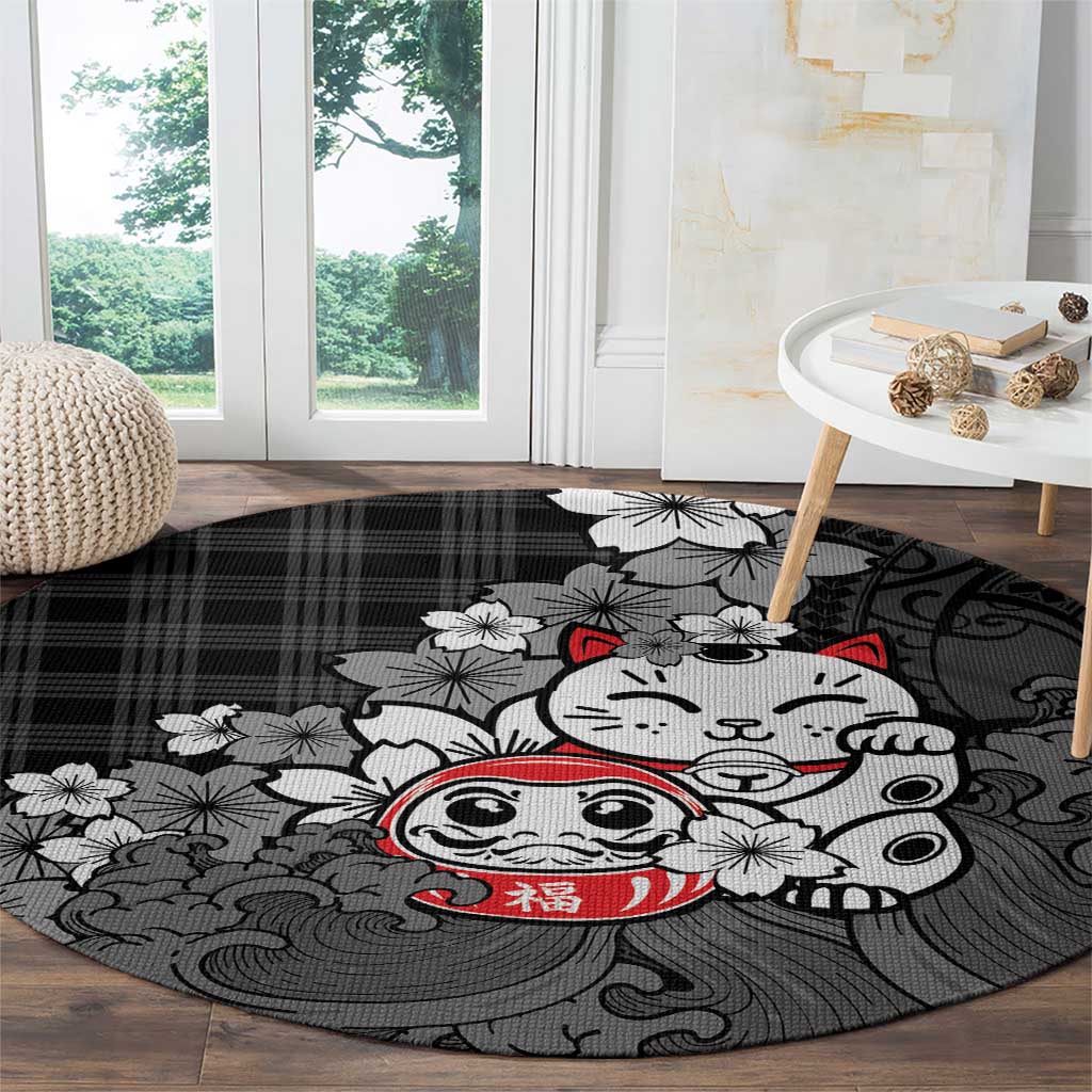 Black Palaka Hawaiian And Japanese Round Carpet Maneki Neko And Sakura Bloom