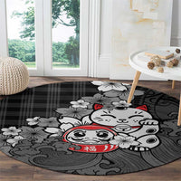 Black Palaka Hawaiian And Japanese Round Carpet Maneki Neko And Sakura Bloom