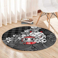 Black Palaka Hawaiian And Japanese Round Carpet Maneki Neko And Sakura Bloom