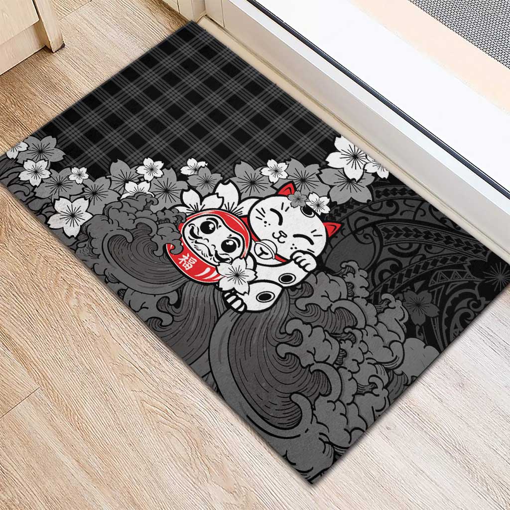 Black Palaka Hawaiian And Japanese Rubber Doormat Maneki Neko And Sakura Bloom