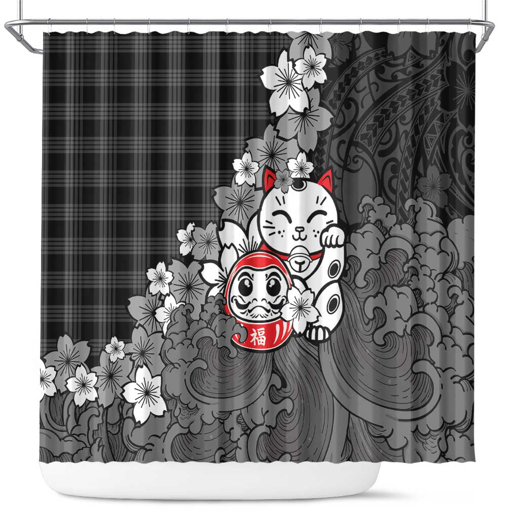 Black Palaka Hawaiian And Japanese Shower Curtain Maneki Neko And Sakura Bloom