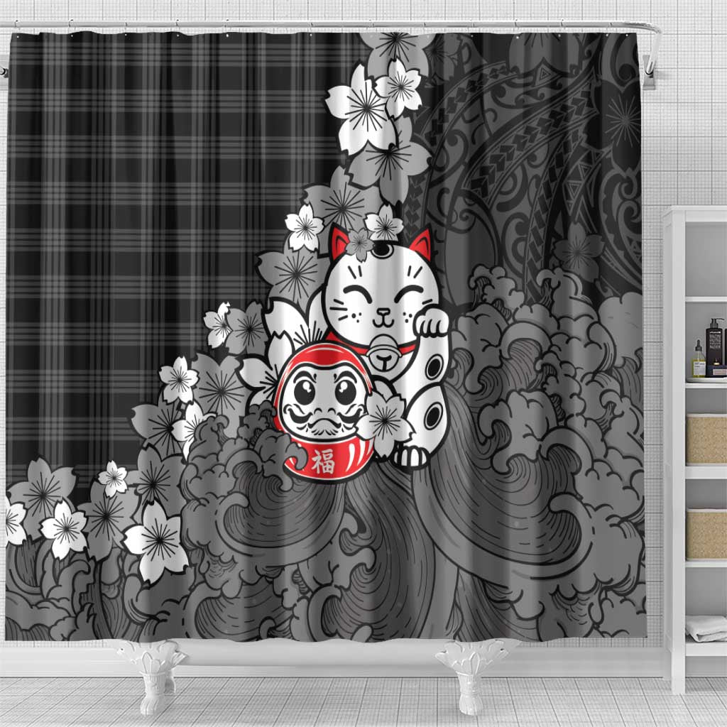 Black Palaka Hawaiian And Japanese Shower Curtain Maneki Neko And Sakura Bloom