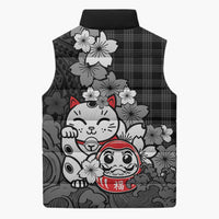 Black Palaka Hawaiian And Japanese Sleeveless Puffer Jacket Maneki Neko And Sakura Bloom