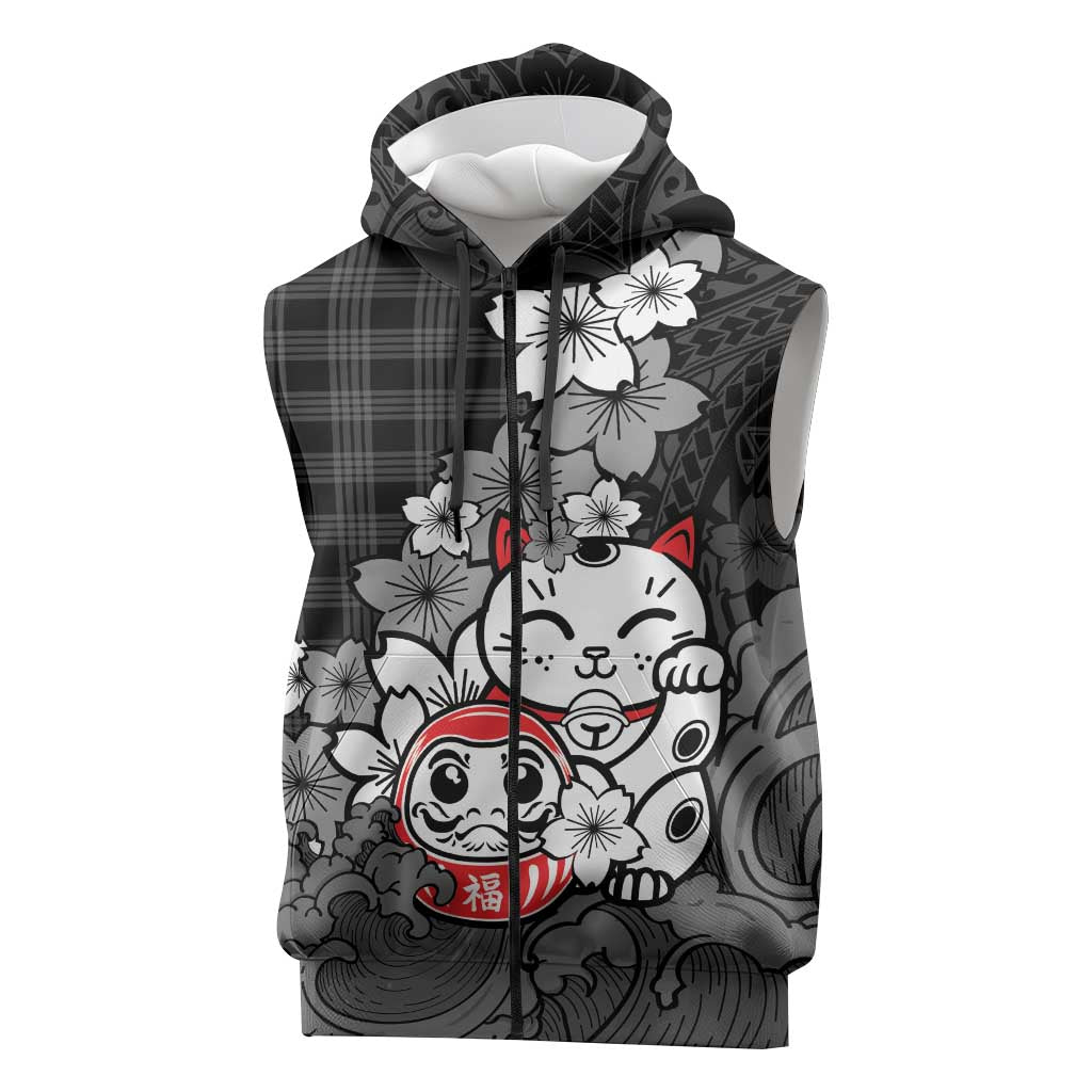 Black Palaka Hawaiian And Japanese Sleeveless Zip Hoodie Maneki Neko And Sakura Bloom
