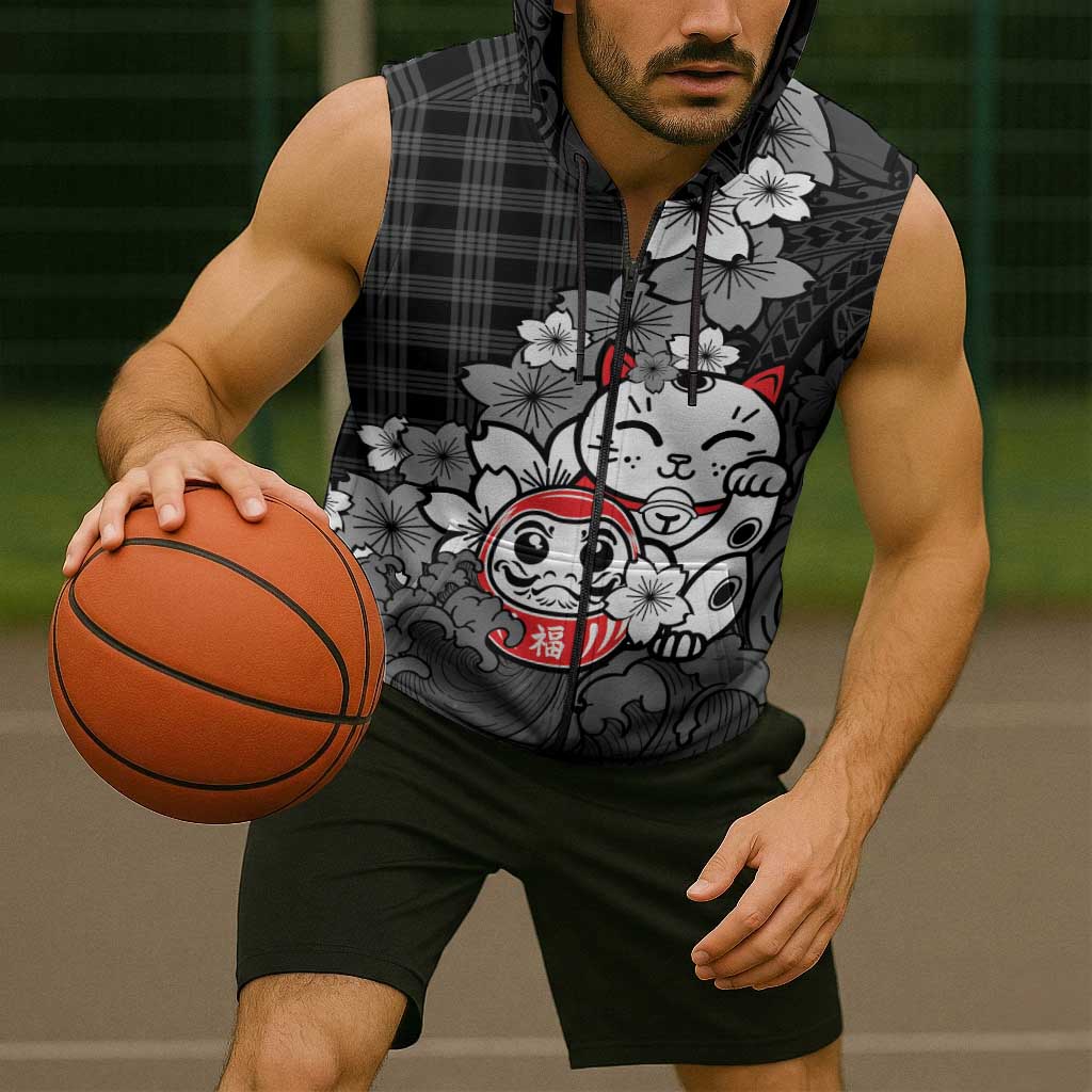Black Palaka Hawaiian And Japanese Sleeveless Zip Hoodie Maneki Neko And Sakura Bloom