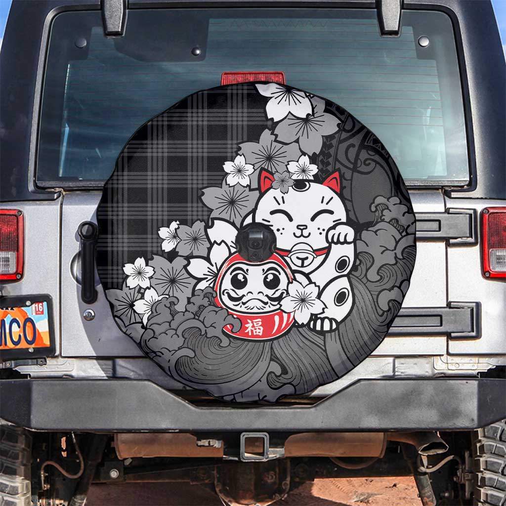 Black Palaka Hawaiian And Japanese Spare Tire Cover Maneki Neko And Sakura Bloom
