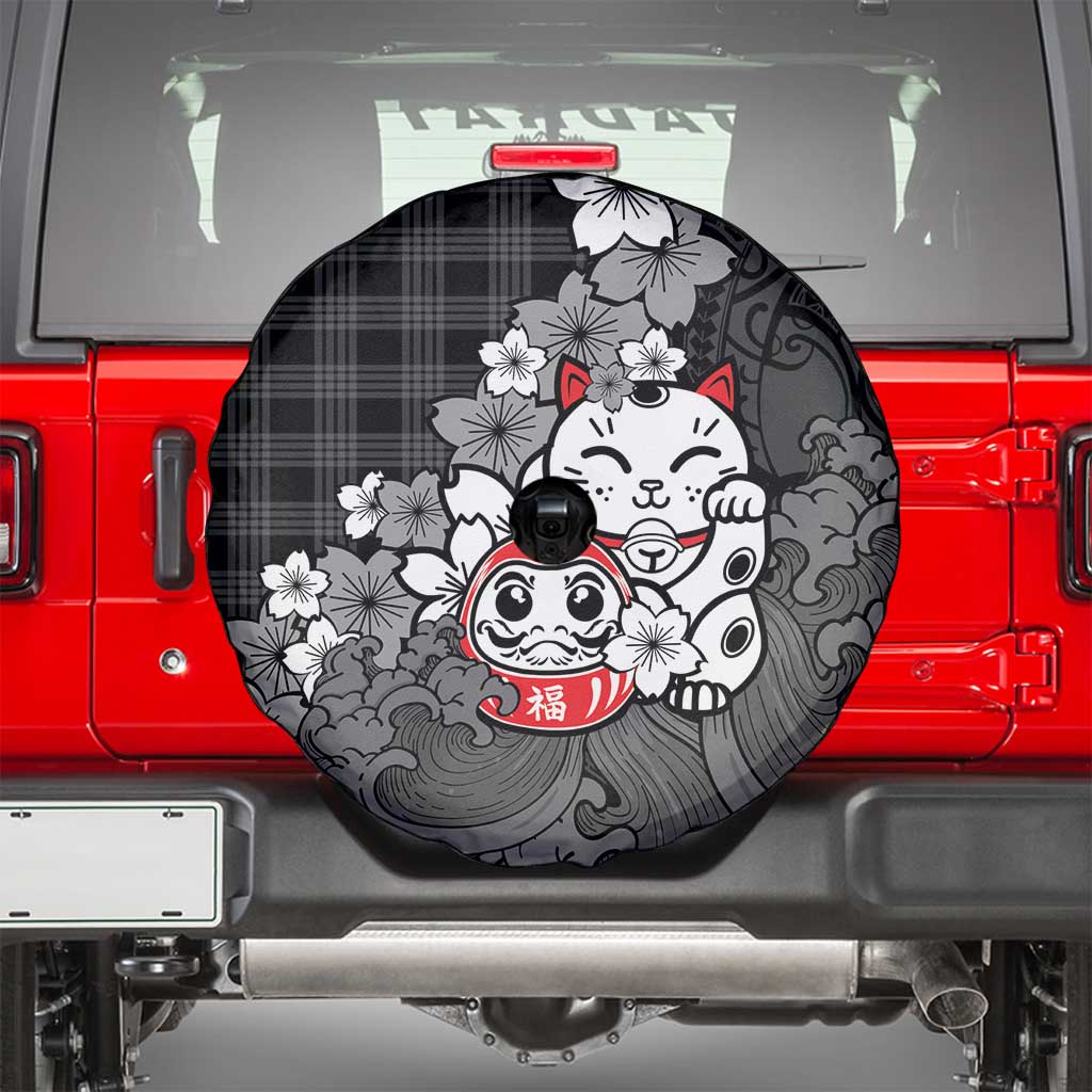Black Palaka Hawaiian And Japanese Spare Tire Cover Maneki Neko And Sakura Bloom