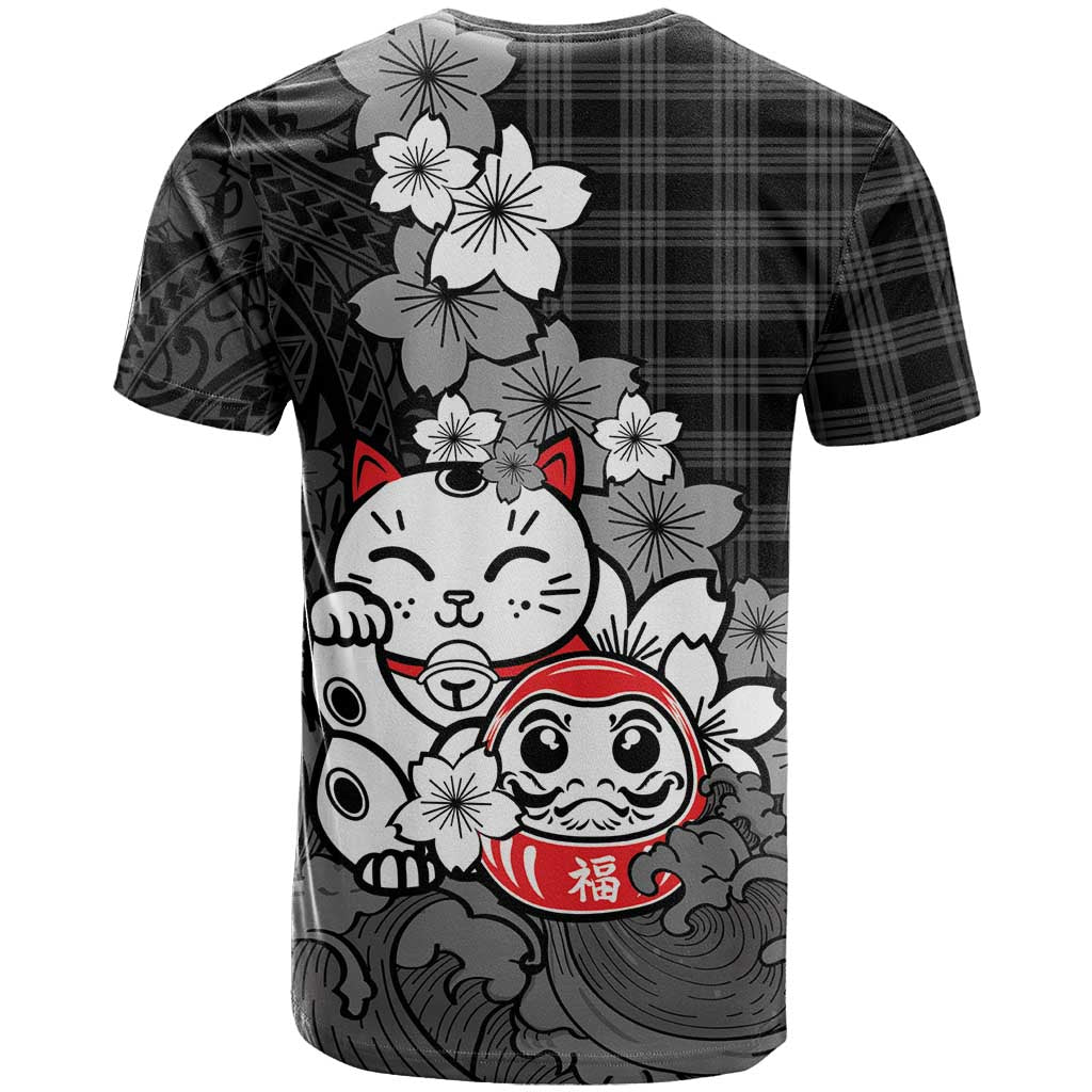 Black Palaka Hawaiian And Japanese T Shirt Maneki Neko And Sakura Bloom