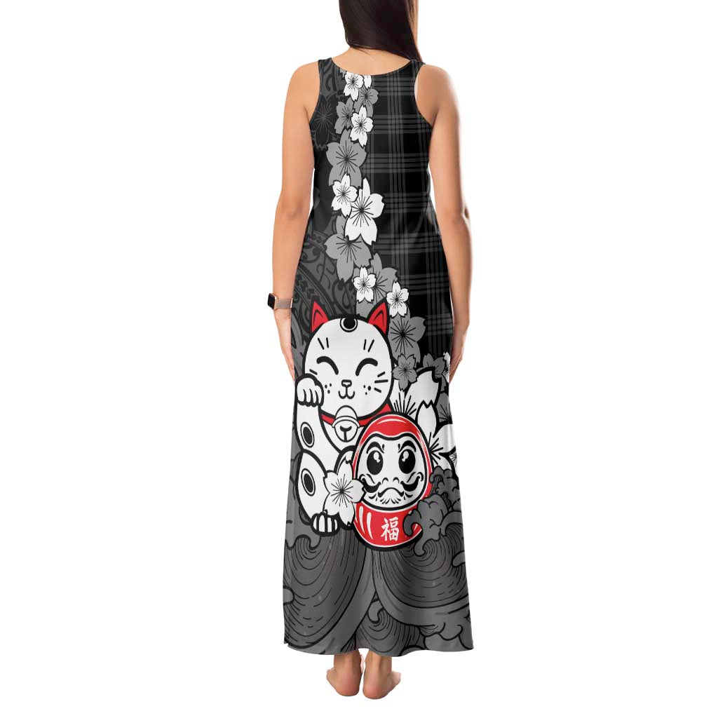 Black Palaka Hawaiian And Japanese Tank Maxi Dress Maneki Neko And Sakura Bloom