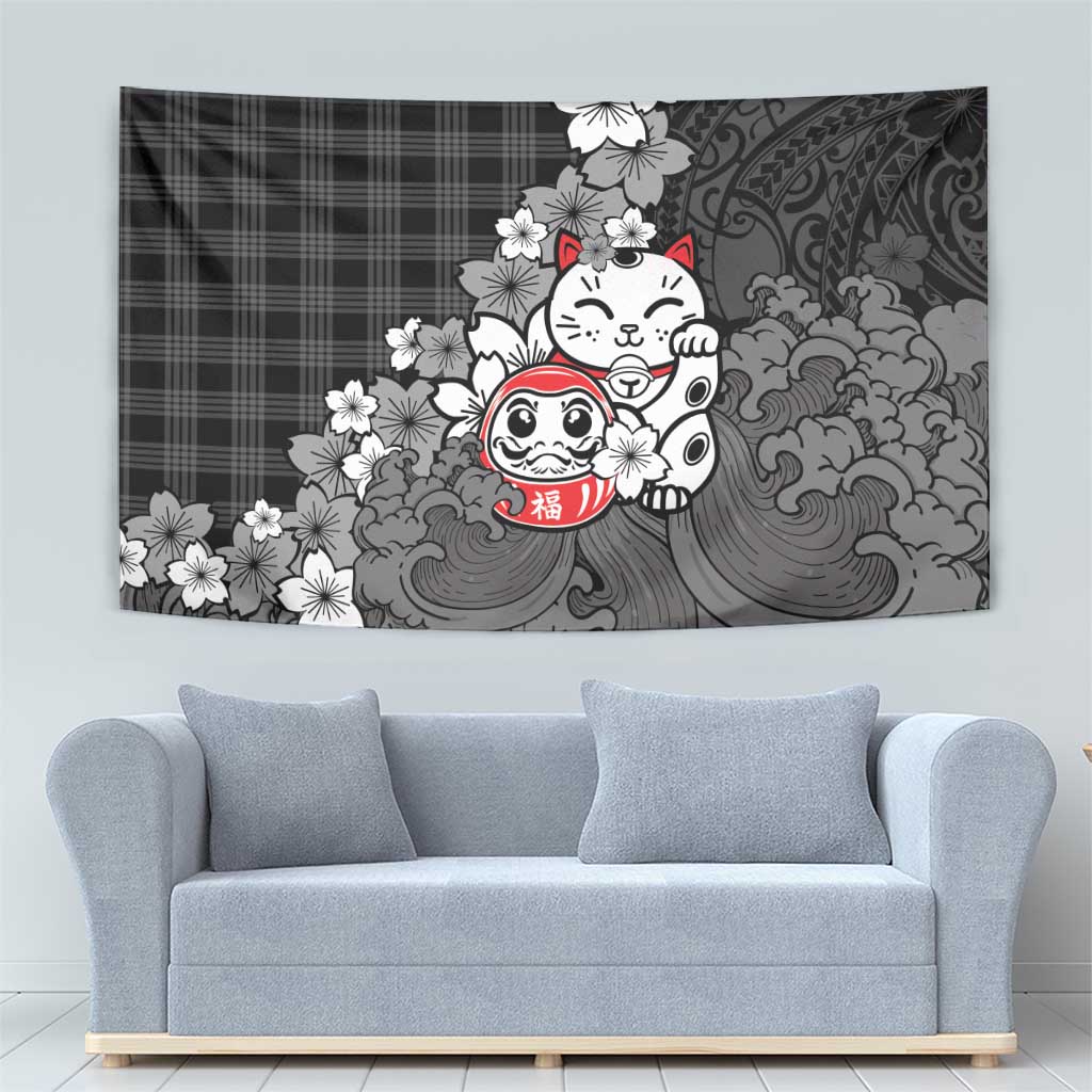 Black Palaka Hawaiian And Japanese Tapestry Maneki Neko And Sakura Bloom